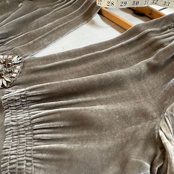 RALPH LAUREN COLLECTION Taupe Velvet LS v-neck Blouse with crystal detail- 6 - Picture 9 of 9